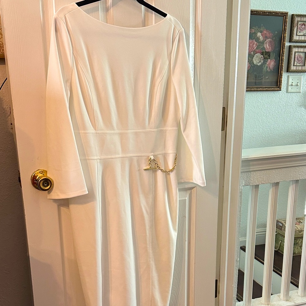 Halston Heritage White Dress with Gold Chain Detail